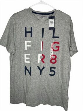 Tommy Hilfiger Gray Short Sleeve Logo Block Tee with Red, Navy & White Accents